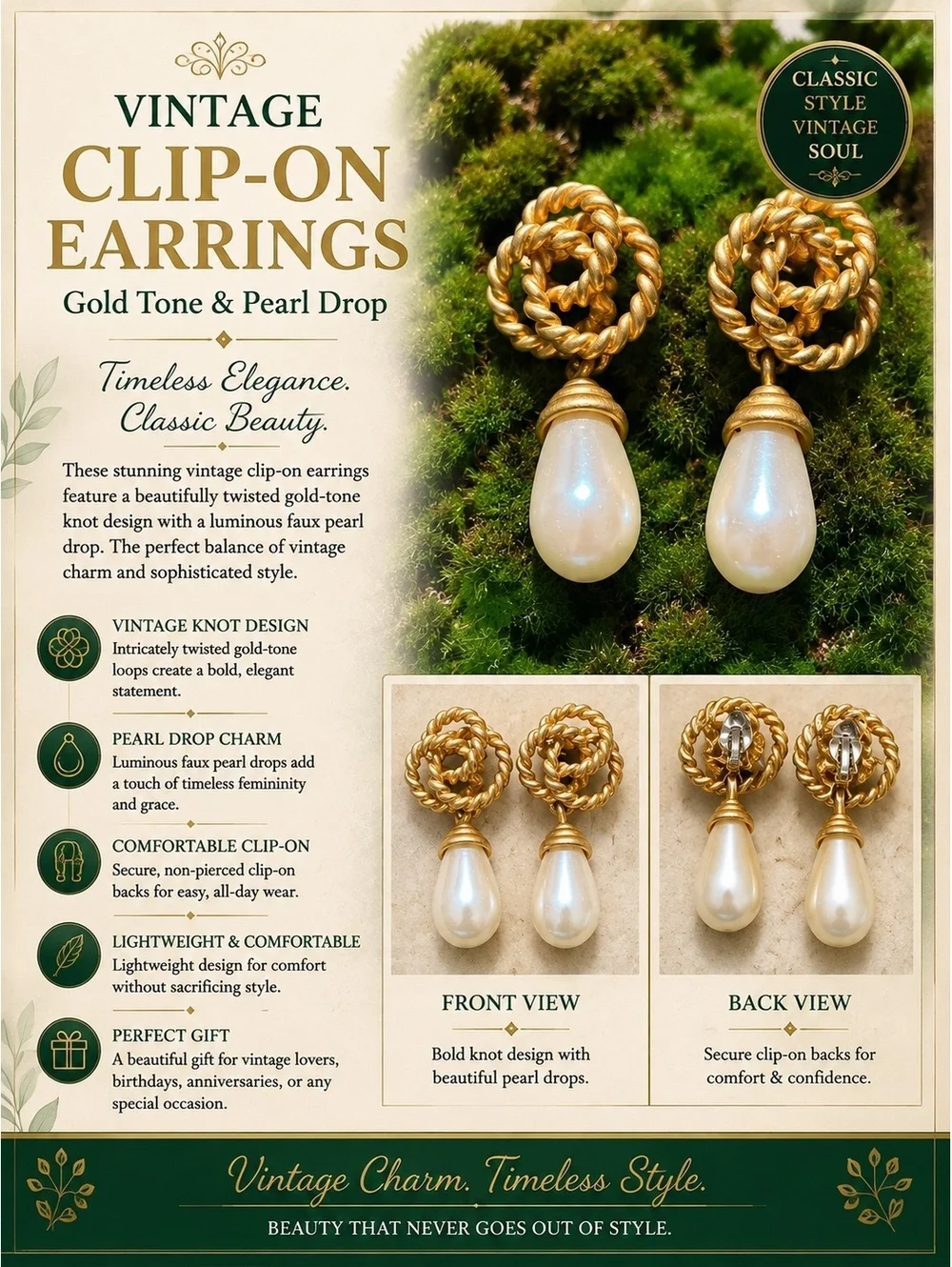Vintage Gold Tone & Pearl Drop Clip-On Earrings with Twisted Knot Design